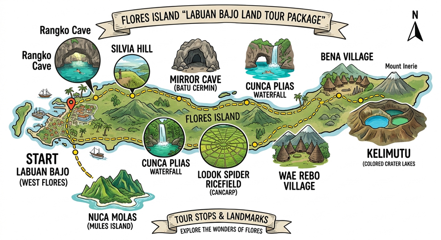 Map of Flores - Labuan Bajo land tour package